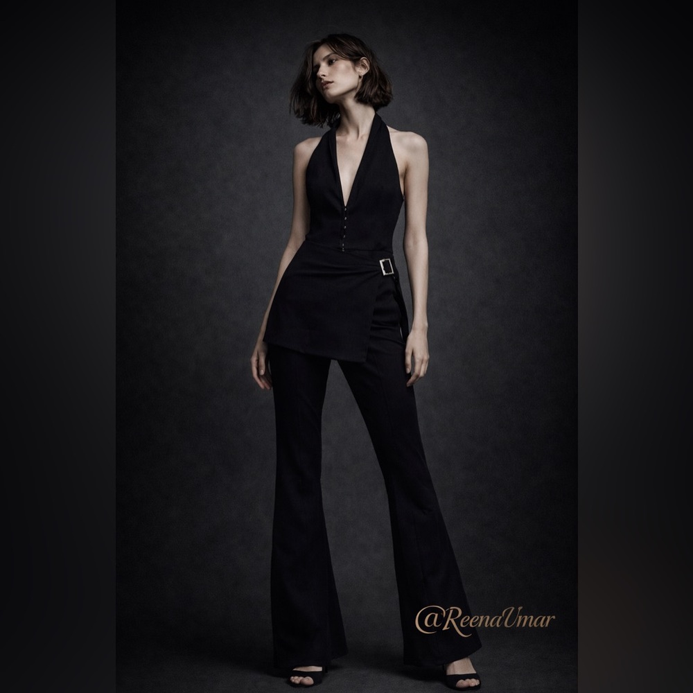 NWT ZARA Halter Neck Jumpsuit with Skirt Overlay – Black
